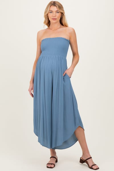PinkBlush Blue Smocked Strapless Tulip Leg Maternity Jumpsuit