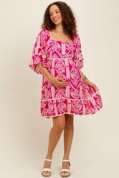 BiBi Fuchsia Printed Tie Back Contrast Trim Maternity Dress