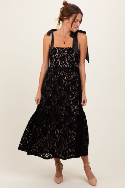 Blue B Black Velvet Lace Shoulder Bow Maxi Dress