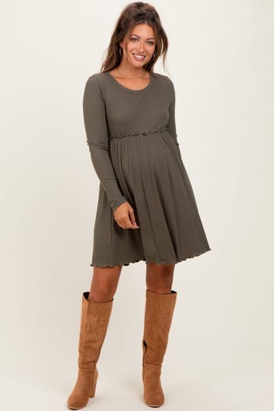 PinkBlush Olive Solid Ribbed Long Sleeve Crewneck Shirring Maternity Mini Dress