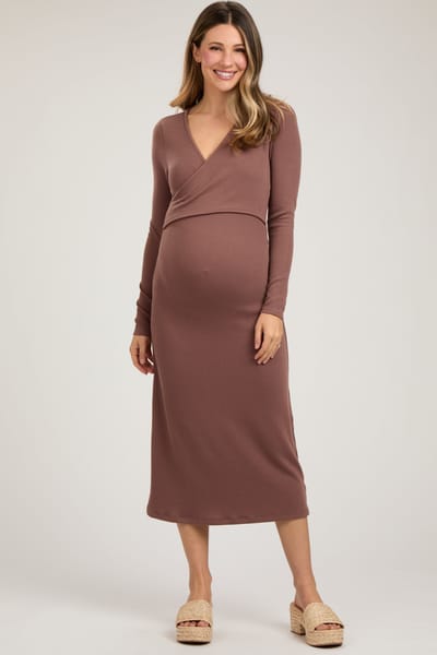 PinkBlush Brown Ribbed Long Sleeve Maternity Wrap Nursing Dress
