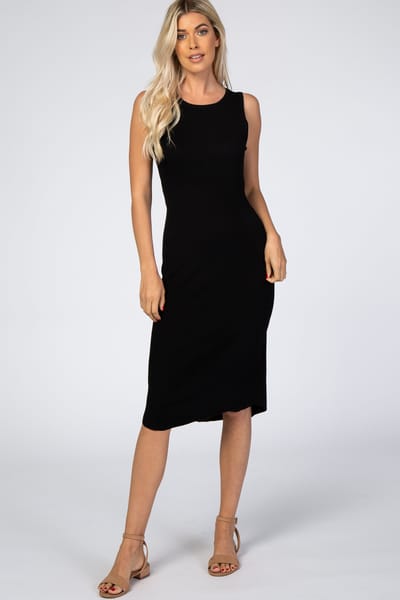 Eesome Black Ribbed Sleeveless Midi Dress
