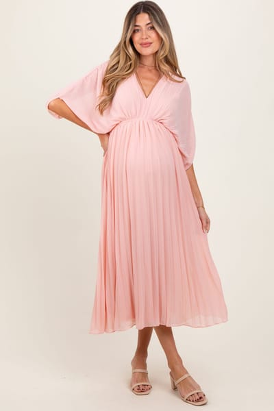 PinkBlush Light Pink Pleated V Neck Maternity Maxi Dress