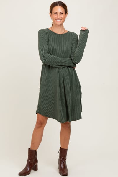 Heimish Olive Textured Rib Long Sleeve Dress