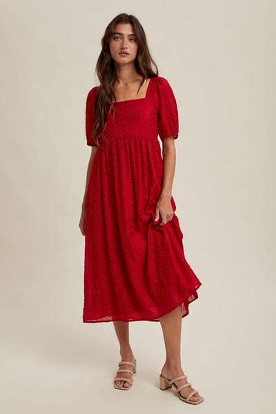 Wishlist Red Swiss Dot Puff Sleeve Midi Dress