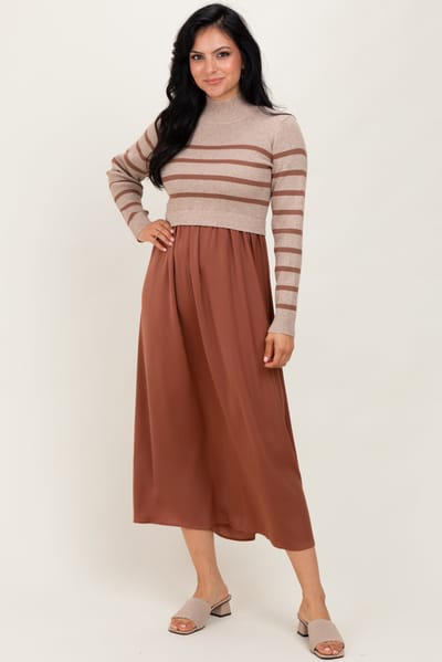 Tea N Rose Brown Striped Contrast Sweater Top Maxi Dress
