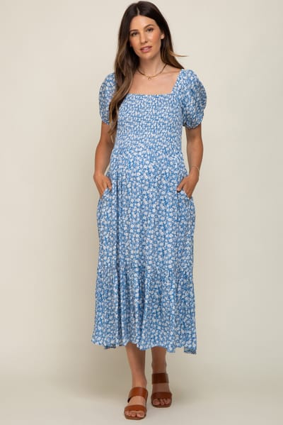 Elloh Blue Floral Smocked Short Sleeve Maternity Midi Dress