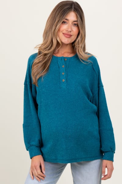 Zenana Outfitters Teal Oversized Ribbed Knit Henley Maternity Sweater