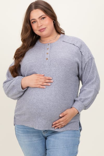 Zenana Outfitters Heather Grey Oversized Ribbed Knit Henley Maternity Plus Sweater