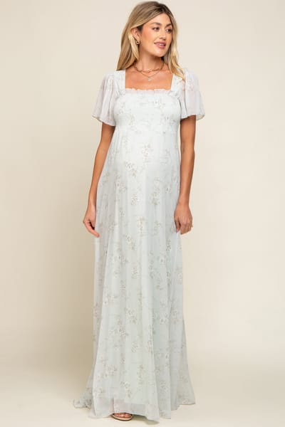 Ricarica Mint Green Floral Smocked Chiffon Maternity Maxi Dress