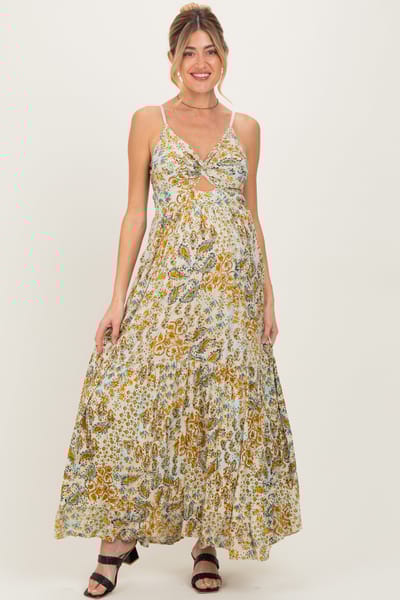 PinkBlush Beige Paisley Floral Twisted Front Maternity Maxi Dress