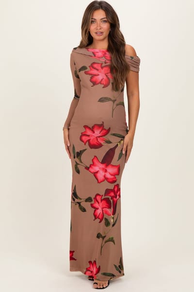 PinkBlush Mocha Floral Off Shoulder One Sleeve Maternity Maxi Dress