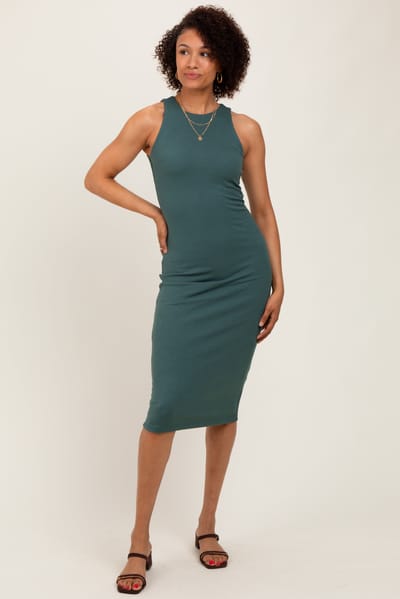 Blu Pepper Olive Sleeveless Ribbed Knit Midi Dress