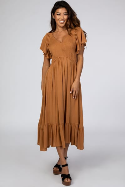 Jodifl Camel Smocked V-Neck Midi Dress