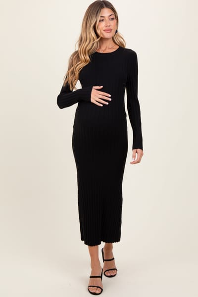 ABLE Black Ribbed Knit Fitted Maternity Midi Sweater Dress