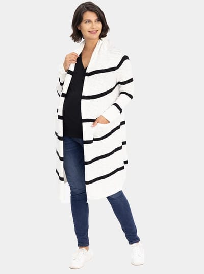 Angel Maternity White Maternity Cotton Cardigan with Black Stripes