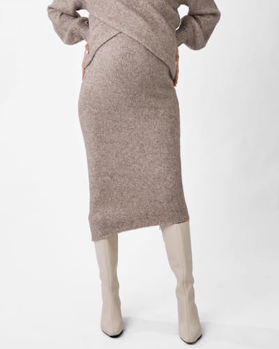 Angel Maternity Amélie's Enchanting Allure Asymmetrical Knit Midi Skirt -Taupe