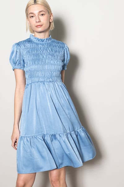 Elloh Light Blue Satin Smocked Mock Neck Dress
