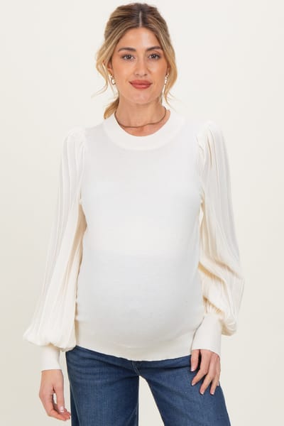 PinkBlush Ivory Ribbed Bubble Sleeve Maternity Knit Top