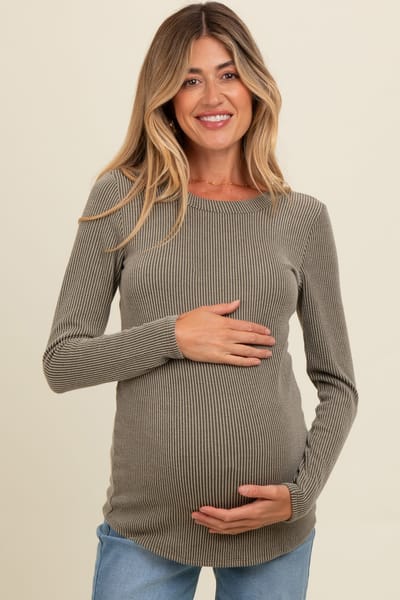 PinkBlush Olive Ribbed Scoop Neck Long Sleeve Maternity Top
