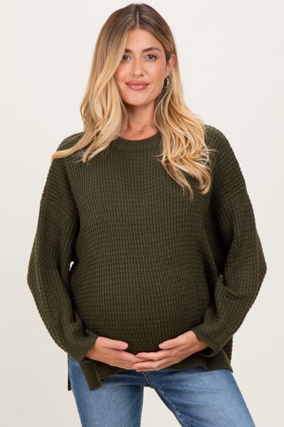 PinkBlush Olive Waffle Knit Side Slit Maternity Sweater