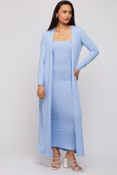 Rhea + Thea Light Blue Ribbed Sleeveless Dress Cardigan Set