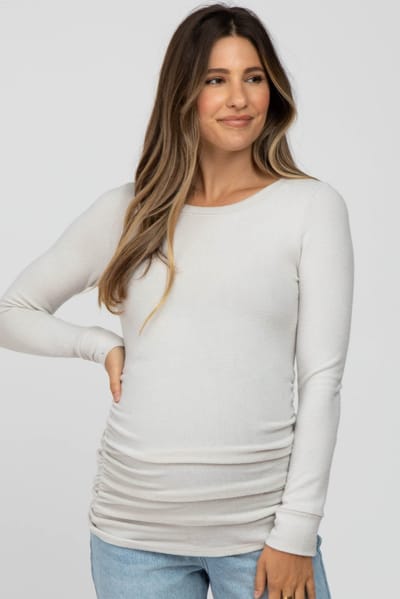 PinkBlush Cream Soft Knit Ruched Maternity Top