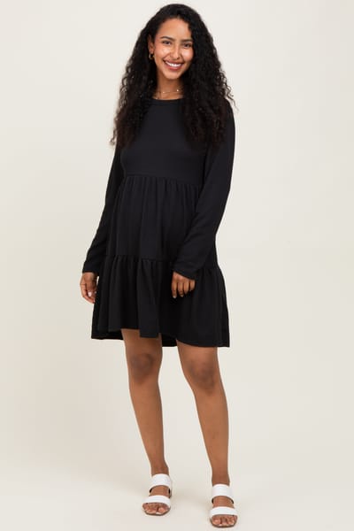Heimish Black Textured Rib Tiered Long Sleeve Maternity Dress
