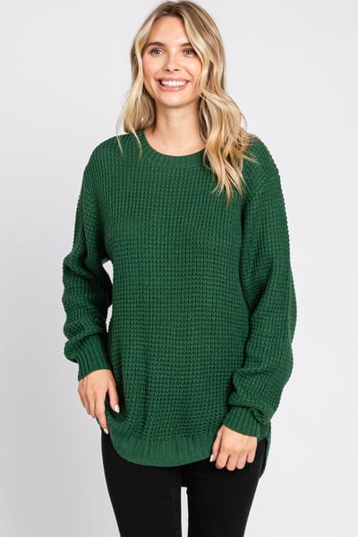 Zenana Outfitters Green Waffle Knit Round Hem Sweater