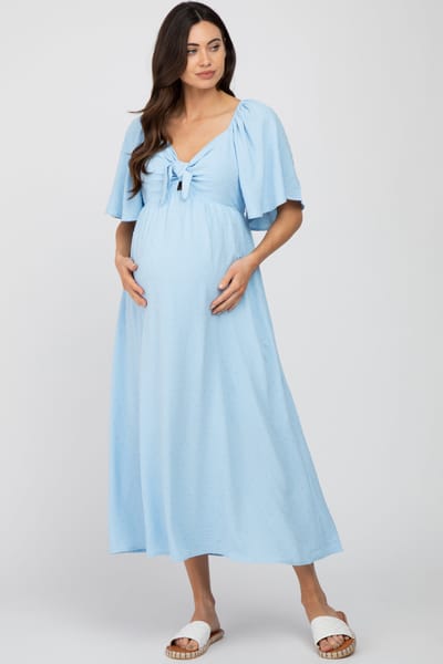 Lime N Chili Light Blue Textured Dot Front Tie Ruffle Sleeve Maternity Midi Dress