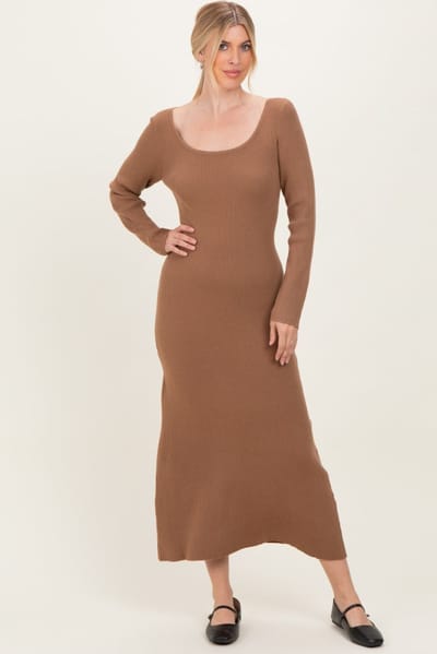 ABLE Mocha Rib Knit Back Cutout Midi Dress