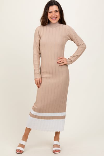 ABLE Beige Colorblock Hem Mock Neck Sweater Dress