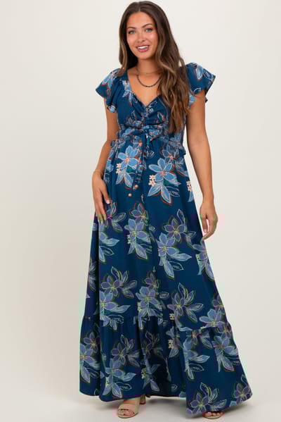 PinkBlush Navy Floral Smocked Cinched Top Maternity Maxi Dress