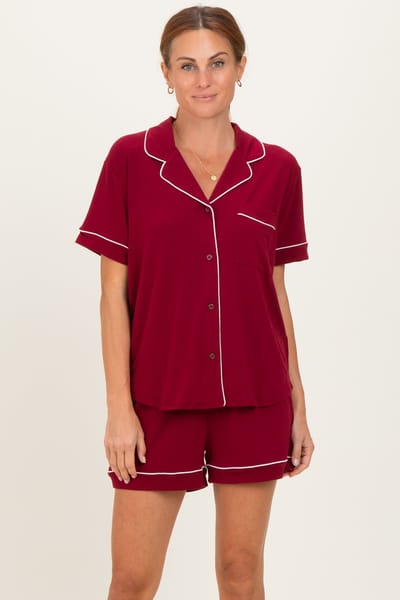 Zenana Outfitters Burgundy Short Sleeve Button Down Shirt Shorts Set