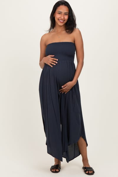 Final Touch Navy Smocked Strapless Tulip Leg Maternity Jumpsuit
