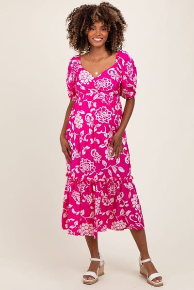PinkBlush Fuchsia Floral Sweetheart Neckline Maternity Midi Dress