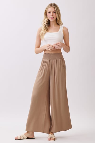 Final Touch Camel Smocked Waist Ankle Wide Leg Pants