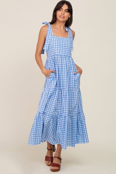 Elloh Blue Checkered Sleeveless Tiered Maxi Dress