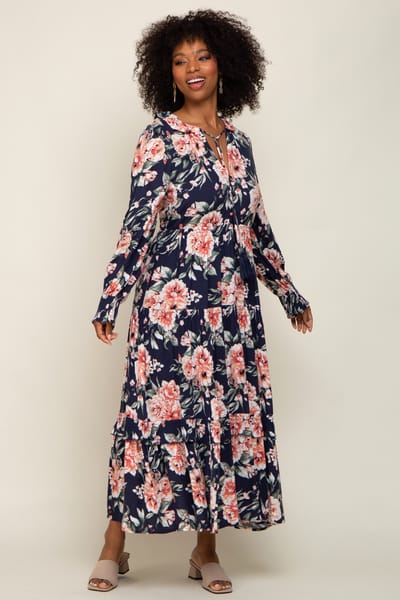 Listicle Navy Floral Smocked Ruffle Neck Maxi Dress