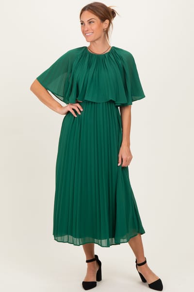 Dress Day Green Pleated Cape Midi Dress