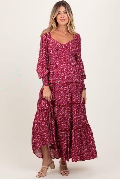 PinkBlush Burgundy Floral Button Accent Bodice Tiered Maternity Maxi Dress