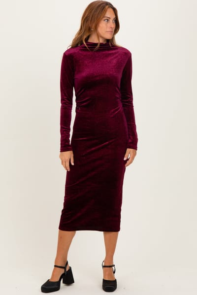 Active Basic Burgundy Glitter Velvet Ruched Midi Dress
