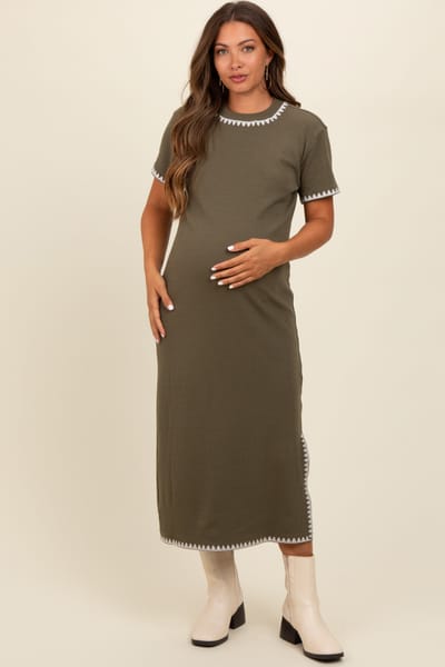 PinkBlush Olive Green Ribbed Embroidered Trim Short Sleeve Maternity Midi Dress
