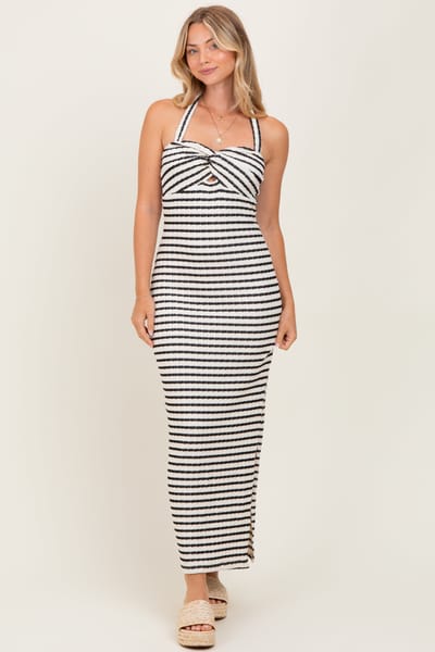 Illa Illa Ivory Striped Twist Front Halter Midi Dress