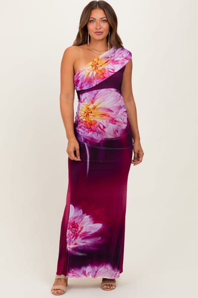 PinkBlush Plum Floral One Shoulder Maternity Maxi Dress