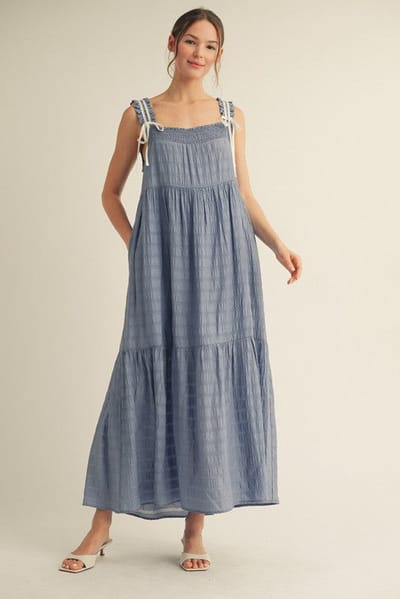 Jodifl Blue Bow Tie Accent Tiered Maxi Dress