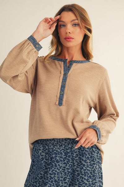 Jodifl Mocha Rib Knit Casual Henley Top