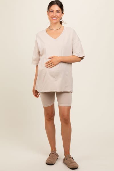 PinkBlush Beige Oversized V-Neck Biker Short Maternity Set