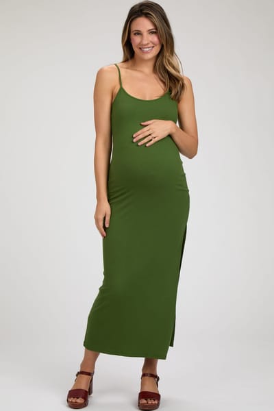 PinkBlush Green Ribbed Sleeveless Side Slit Maternity Dress