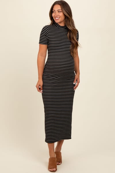 PinkBlush Black Striped Mock Neck Fitted Maternity Midi Dress